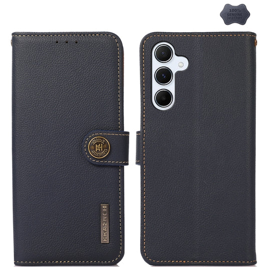 For Samsung Galaxy A55 5G KHAZNEH Custer Genuine Leather RFID Phone Case(Blue) - Galaxy Phone Cases by buy2fix | Online Shopping UK | buy2fix