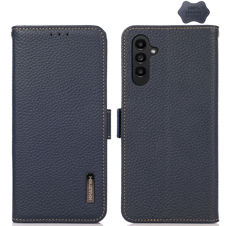 For Samsung Galaxy M34 5G KHAZNEH Side-Magnetic Litchi Genuine Leather RFID Phone Case(Blue) - Galaxy Phone Cases by buy2fix | Online Shopping UK | buy2fix