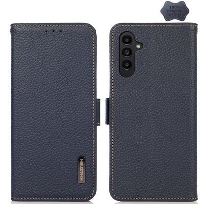 For Samsung Galaxy M34 5G KHAZNEH Side-Magnetic Litchi Genuine Leather RFID Phone Case(Blue) - Galaxy Phone Cases by buy2fix | Online Shopping UK | buy2fix