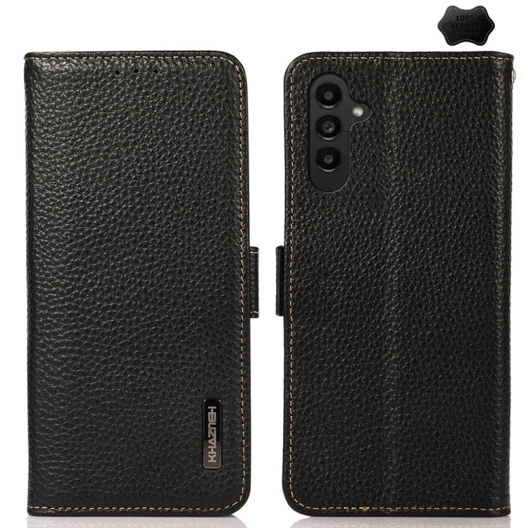 For Samsung Galaxy A15 KHAZNEH Side-Magnetic Litchi Genuine Leather RFID Phone Case(Black) - Galaxy Phone Cases by buy2fix | Online Shopping UK | buy2fix