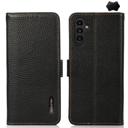 For Samsung Galaxy A15 KHAZNEH Side-Magnetic Litchi Genuine Leather RFID Phone Case(Black) - Galaxy Phone Cases by buy2fix | Online Shopping UK | buy2fix