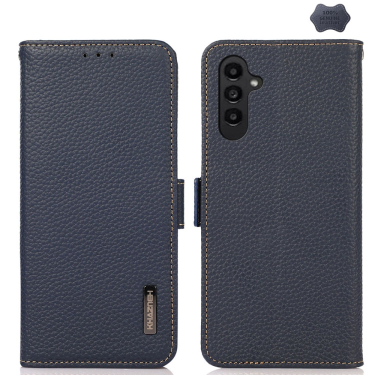 For Samsung Galaxy A15 KHAZNEH Side-Magnetic Litchi Genuine Leather RFID Phone Case(Blue) - Galaxy Phone Cases by buy2fix | Online Shopping UK | buy2fix