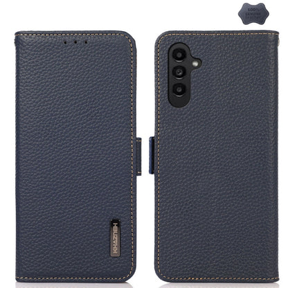 For Samsung Galaxy A15 KHAZNEH Side-Magnetic Litchi Genuine Leather RFID Phone Case(Blue) - Galaxy Phone Cases by buy2fix | Online Shopping UK | buy2fix