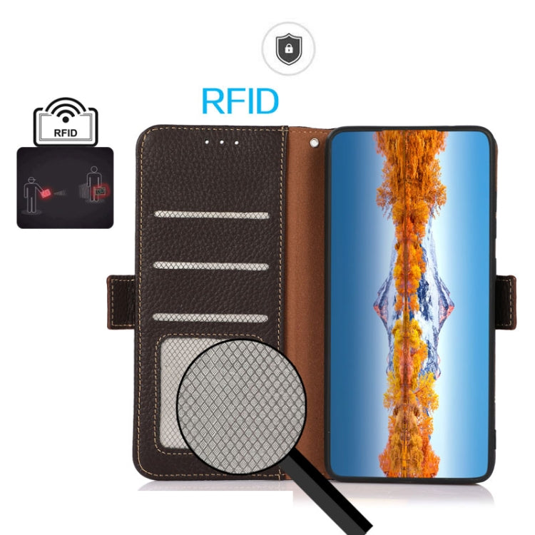 For Samsung Galaxy A15 KHAZNEH Side-Magnetic Litchi Genuine Leather RFID Phone Case(Brown) - Galaxy Phone Cases by buy2fix | Online Shopping UK | buy2fix