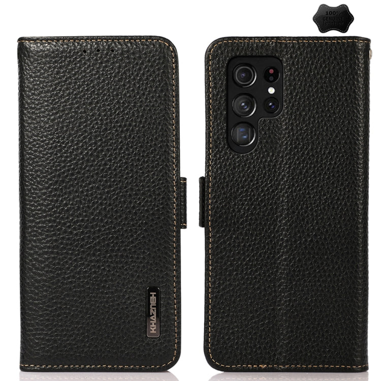 For Samsung Galaxy S24 Ultra KHAZNEH Side-Magnetic Litchi Genuine Leather RFID Phone Case(Black) - Galaxy Phone Cases by buy2fix | Online Shopping UK | buy2fix