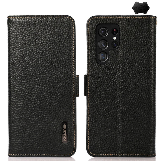 For Samsung Galaxy S24 Ultra KHAZNEH Side-Magnetic Litchi Genuine Leather RFID Phone Case(Black) - Galaxy Phone Cases by buy2fix | Online Shopping UK | buy2fix