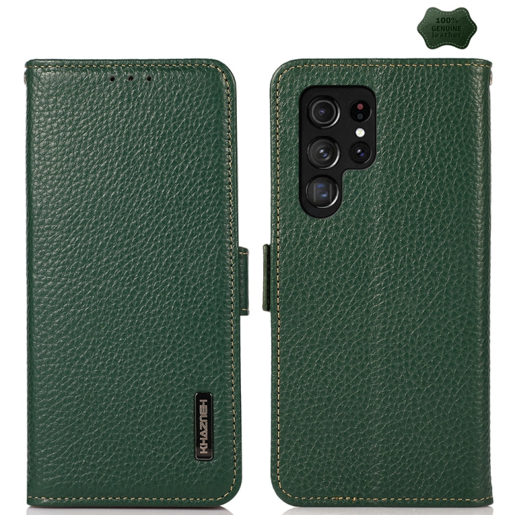 For Samsung Galaxy S24 Ultra KHAZNEH Side-Magnetic Litchi Genuine Leather RFID Phone Case(Green) - Galaxy Phone Cases by buy2fix | Online Shopping UK | buy2fix