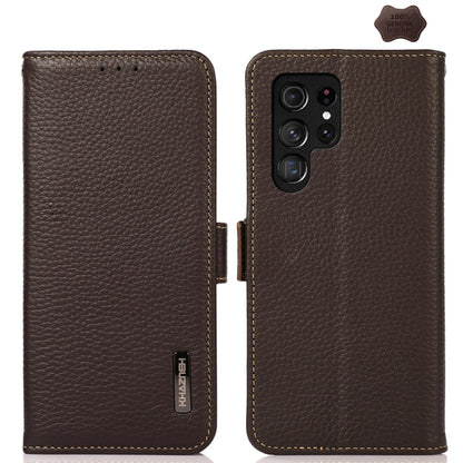 For Samsung Galaxy S24 Ultra KHAZNEH Side-Magnetic Litchi Genuine Leather RFID Phone Case(Brown) - Galaxy Phone Cases by buy2fix | Online Shopping UK | buy2fix