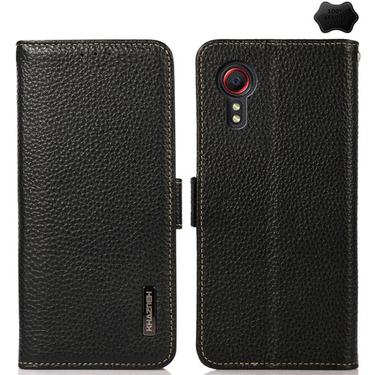 For Samsung Galaxy Xcover7 KHAZNEH Side-Magnetic Litchi Genuine Leather RFID Phone Case(Black)