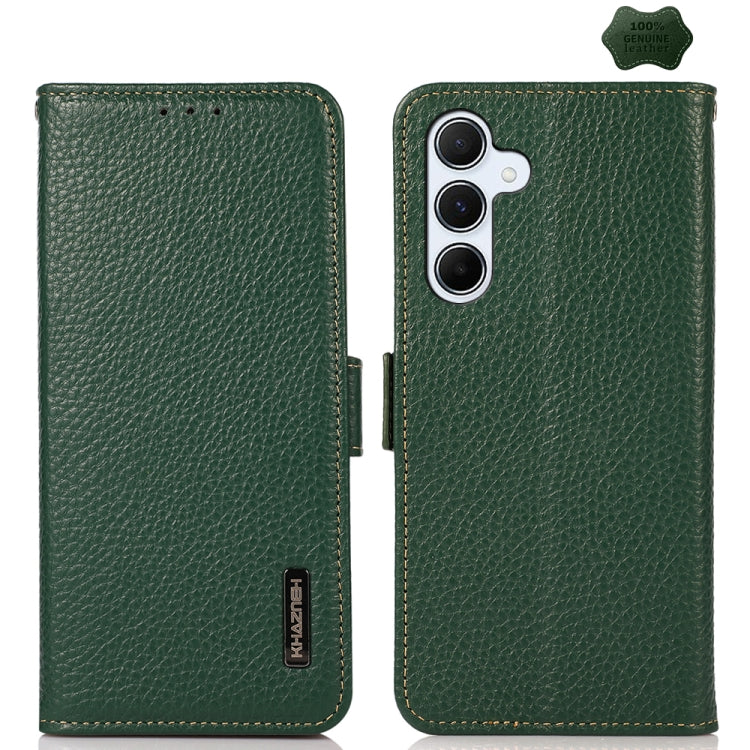 For Samsung Galaxy A55 5G KHAZNEH Side-Magnetic Litchi Genuine Leather RFID Phone Case(Green) - Galaxy Phone Cases by buy2fix | Online Shopping UK | buy2fix