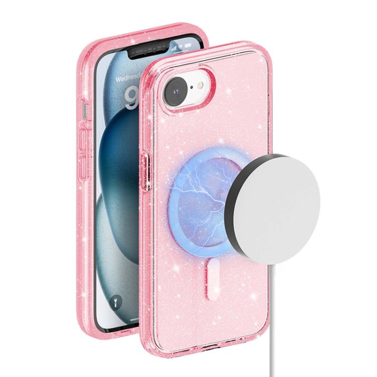 For iPhone 16e Terminator Style Glitter Powder MagSafe Magnetic Phone Case(Pink) - iPhone 16e Cases by buy2fix | Online Shopping UK | buy2fix