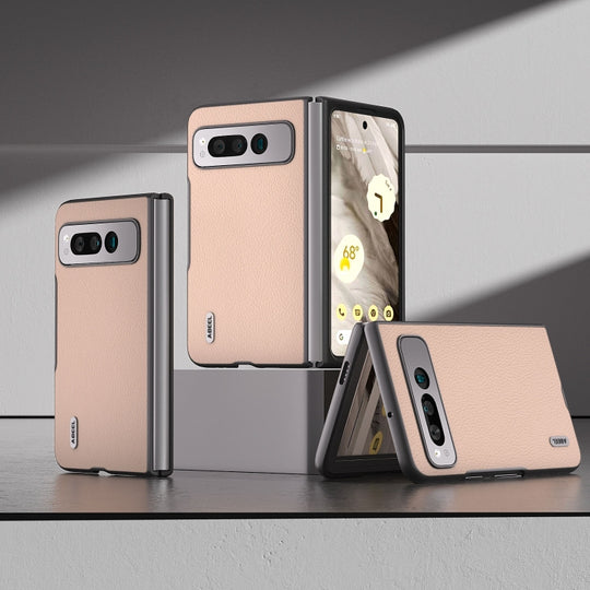 For Google Pixel Fold ABEEL Genuine Leather + PC Litchi Texture Phone Case(Pink Gold)