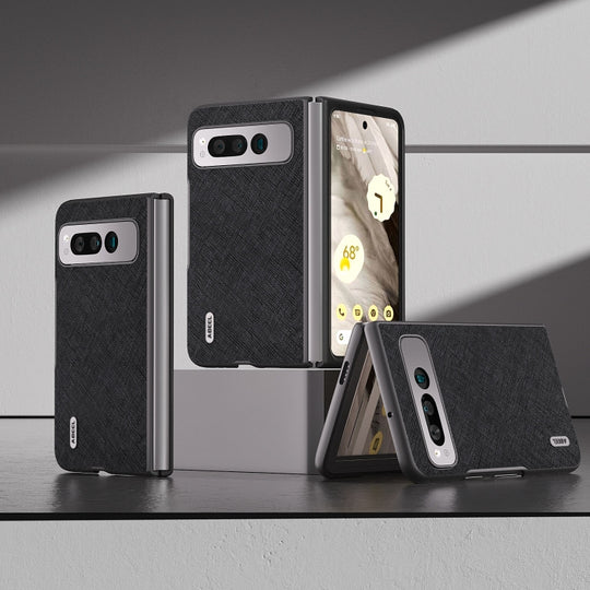 For Google Pixel Fold ABEEL Cross Texture Genuine Leather Phone Case(Black)