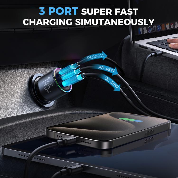 JOYROOM JR-CCN07 145W Dual PD+QC3.0 3-Port Car Charger(Dark Gray) - Car Charger by JOYROOM | Online Shopping UK | buy2fix