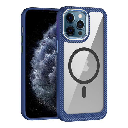 For iPhone 11 Pro Max MagSafe Carbon Fiber Transparent Back Panel Phone Case(Blue) by buy2fix