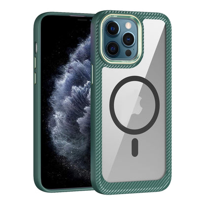 For iPhone 11 Pro Max MagSafe Carbon Fiber Transparent Back Panel Phone Case(Green) by buy2fix