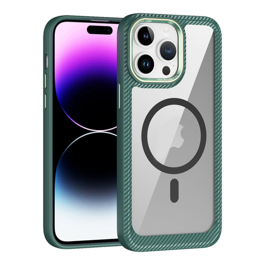 For iPhone 12 / 12 Pro MagSafe Carbon Fiber Transparent Back Panel Phone Case(Green) by buy2fix