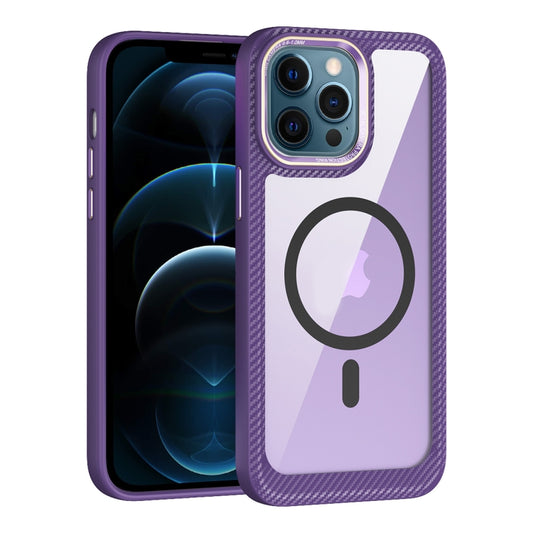 For iPhone 12 Pro Max MagSafe Carbon Fiber Transparent Back Panel Phone Case(Purple) by buy2fix