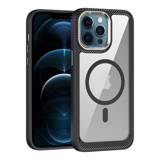 For iPhone 12 Pro Max MagSafe Carbon Fiber Transparent Back Panel Phone Case(Black) by buy2fix