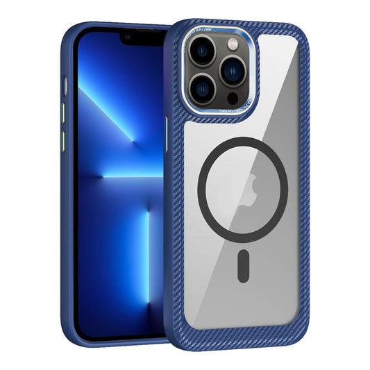 For iPhone 13 Pro MagSafe Carbon Fiber Transparent Back Panel Phone Case(Blue) by buy2fix