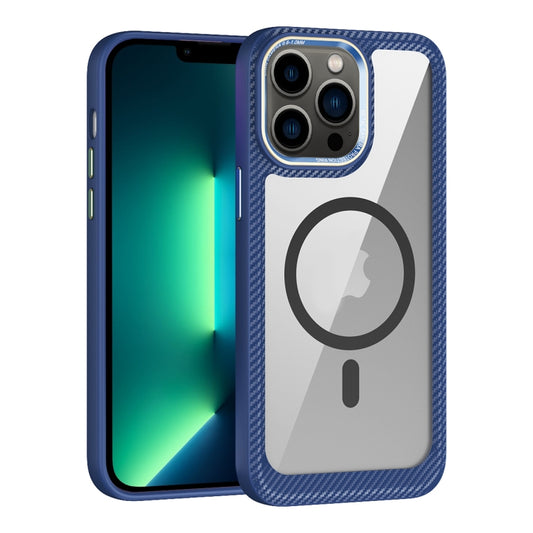 For iPhone 13 Pro Max MagSafe Carbon Fiber Transparent Back Panel Phone Case(Blue) by buy2fix