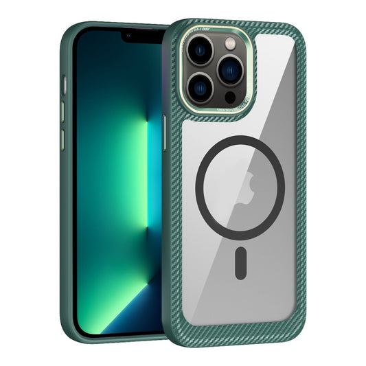 For iPhone 13 Pro Max MagSafe Carbon Fiber Transparent Back Panel Phone Case(Green) by buy2fix
