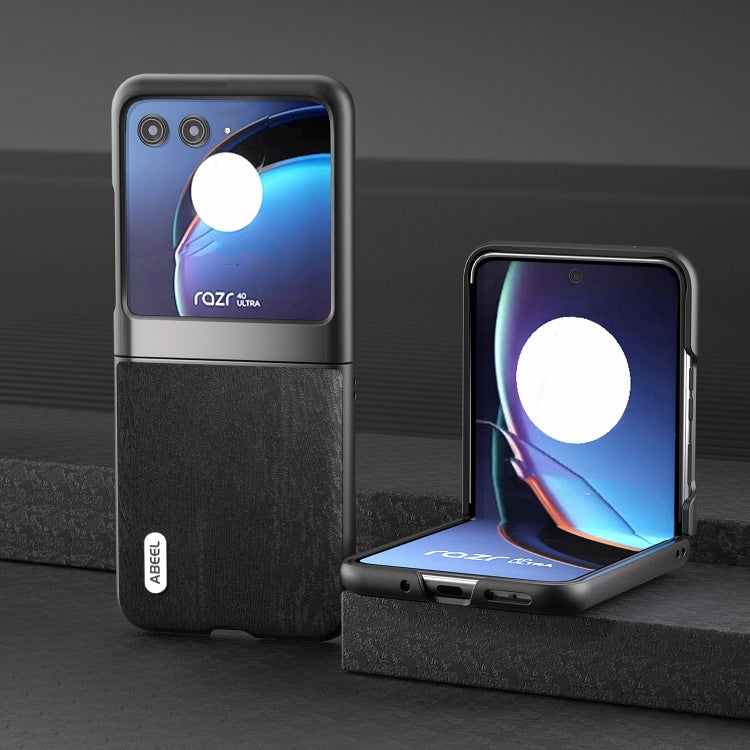 For Motorola Razr 40 Ultra ABEEL Wood Texture PU Phone Case(Black) by buy2fix