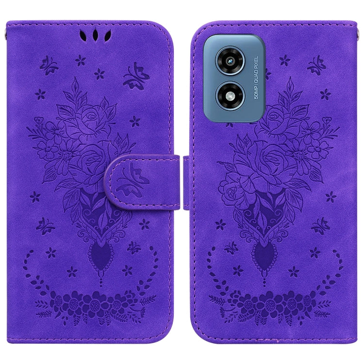 For Motorola Moto G Play 4G 2024 Butterfly Rose Embossed Leather Phone Case(Purple) by buy2fix