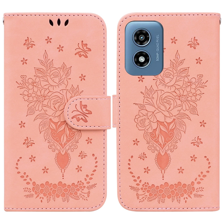 For Motorola Moto G Play 4G 2024 Butterfly Rose Embossed Leather Phone Case(Pink) by buy2fix