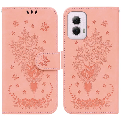 For Motorola Moto G Power 5G 2024 Butterfly Rose Embossed Leather Phone Case(Pink) by buy2fix