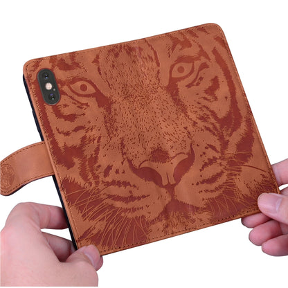 For iPhone 16e Tiger Embossing Pattern Leather Phone Case(Brown) by buy2fix