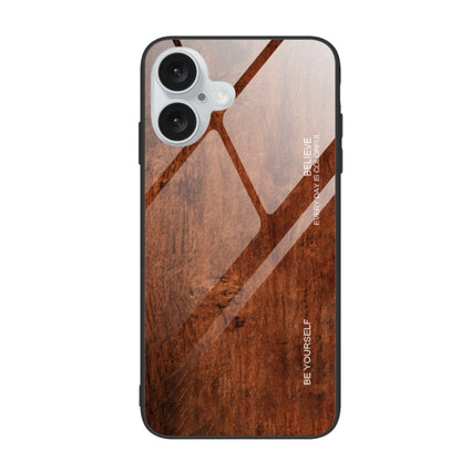 For iPhone 16 Wood Grain Glass Phone Case(Dark Brown) by buy2fix