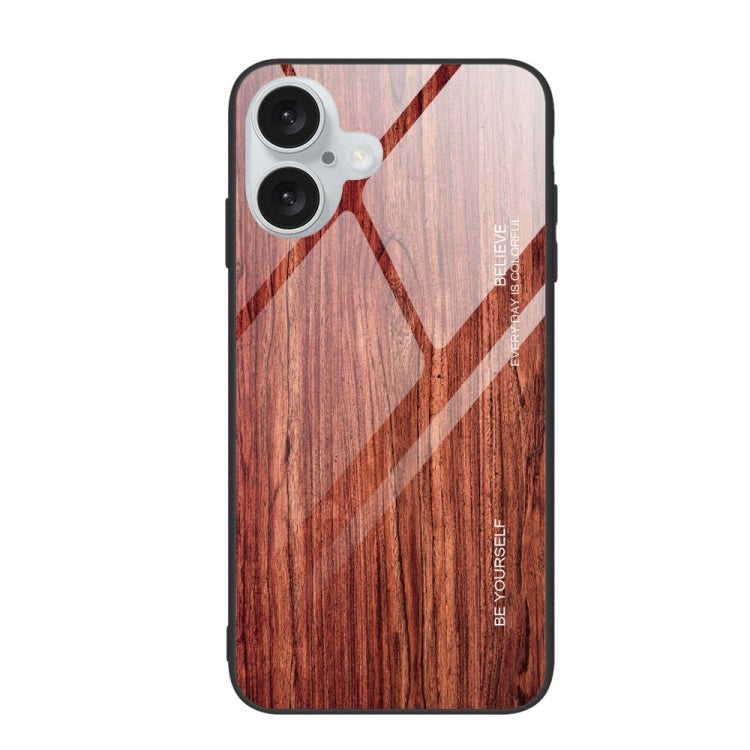 For iPhone 16 Wood Grain Glass Phone Case(Coffee) by buy2fix