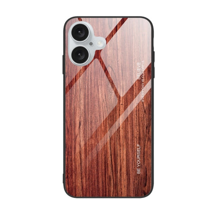 For iPhone 16 Wood Grain Glass Phone Case(Coffee) by buy2fix