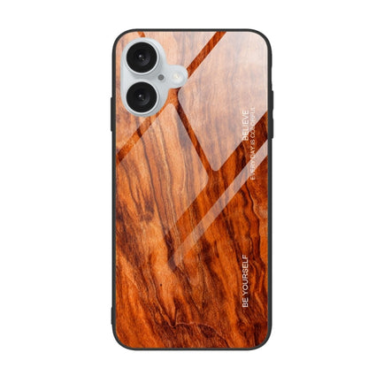 For iPhone 16 Wood Grain Glass Phone Case(Light Brown) by buy2fix