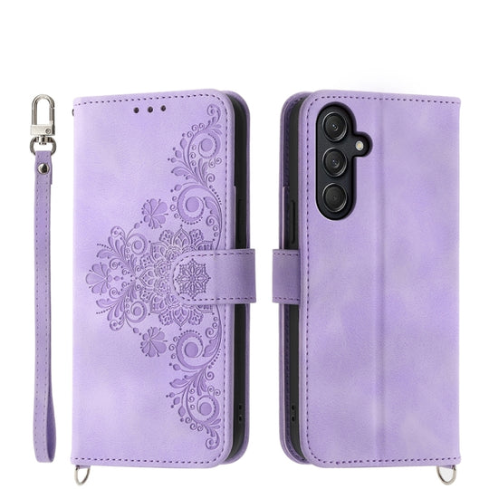 For Samsung Galaxy M55 Skin-feel Flowers Embossed Wallet Leather Phone Case(Purple)