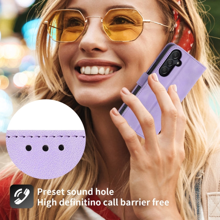 For Samsung Galaxy M55 Skin-feel Flowers Embossed Wallet Leather Phone Case(Purple) by buy2fix