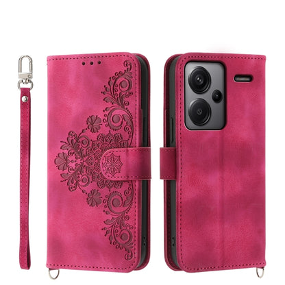 For Xiaomi Redmi Note 13 Pro+ Skin-feel Flowers Embossed Wallet Leather Phone Case(Wine Red) - Xiaomi Cases by buy2fix | Online Shopping UK | buy2fix