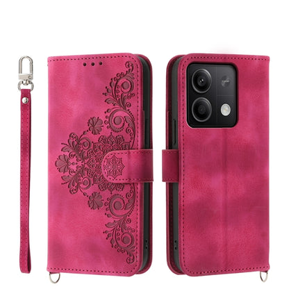For Xiaomi Redmi Note 13 5G Skin-feel Flowers Embossed Wallet Leather Phone Case(Wine Red) - Xiaomi Cases by buy2fix | Online Shopping UK | buy2fix