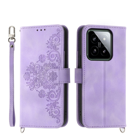 For Xiaomi 14 Skin-feel Flowers Embossed Wallet Leather Phone Case(Purple) - Xiaomi Cases by buy2fix | Online Shopping UK | buy2fix