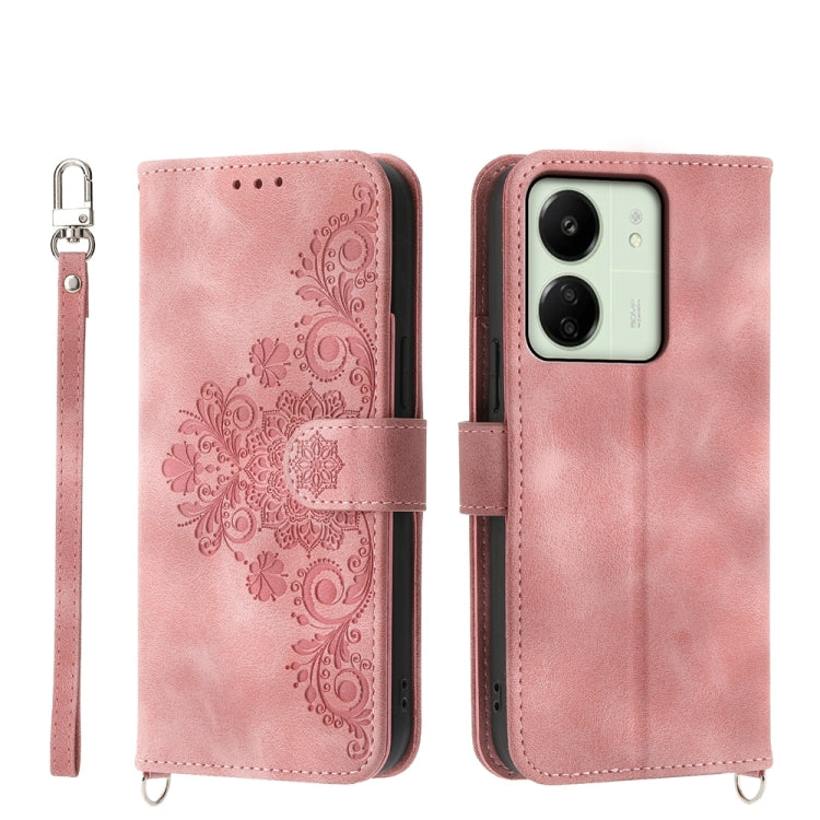 For Xiaomi Redmi 13C Skin-feel Flowers Embossed Wallet Leather Phone Case(Pink) by buy2fix