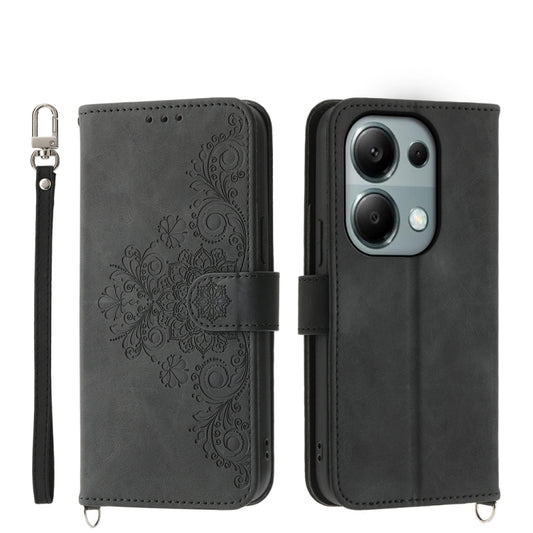 For Xiaomi Redmi Note 13 Pro 4G Skin-feel Flowers Embossed Wallet Leather Phone Case(Black) - Xiaomi Cases by buy2fix | Online Shopping UK | buy2fix