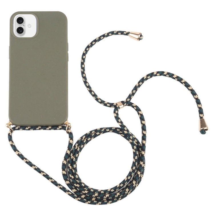 For iPhone 16 Wheat Straw TPU Shockproof Phone Case with Neck Lanyard(Dark Green) by buy2fix