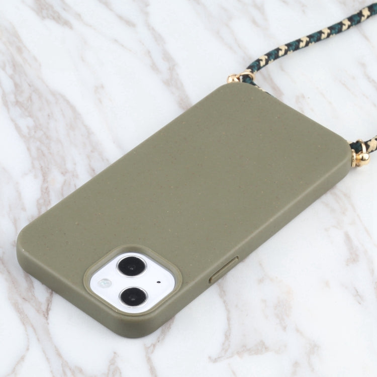 For iPhone 16 Wheat Straw TPU Shockproof Phone Case with Neck Lanyard(Dark Green) by buy2fix