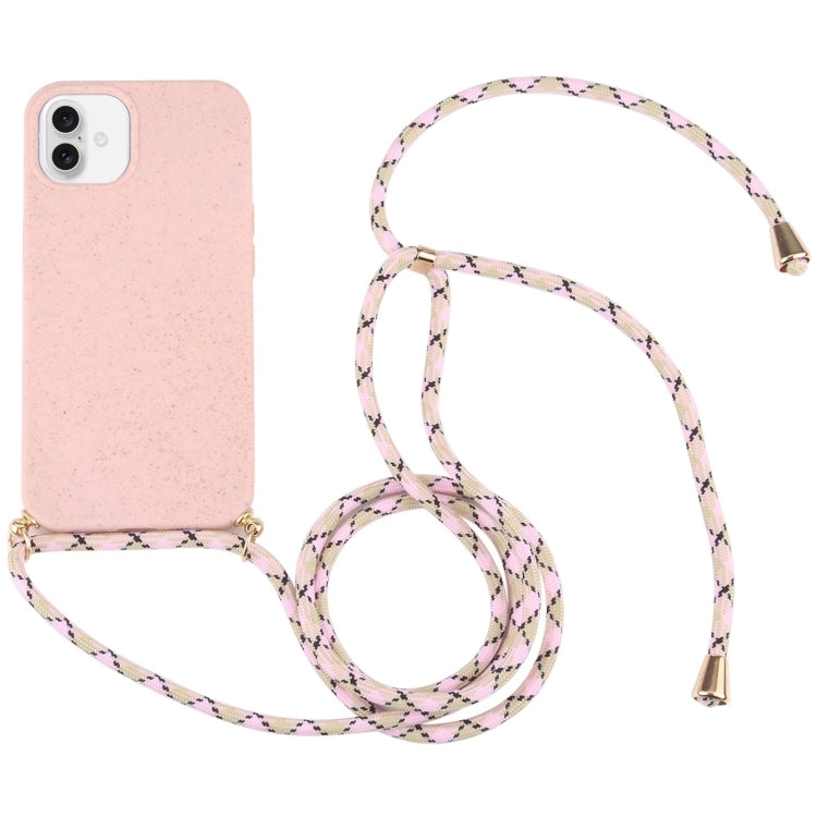 For iPhone 16 Wheat Straw TPU Shockproof Phone Case with Neck Lanyard(Pink) by buy2fix