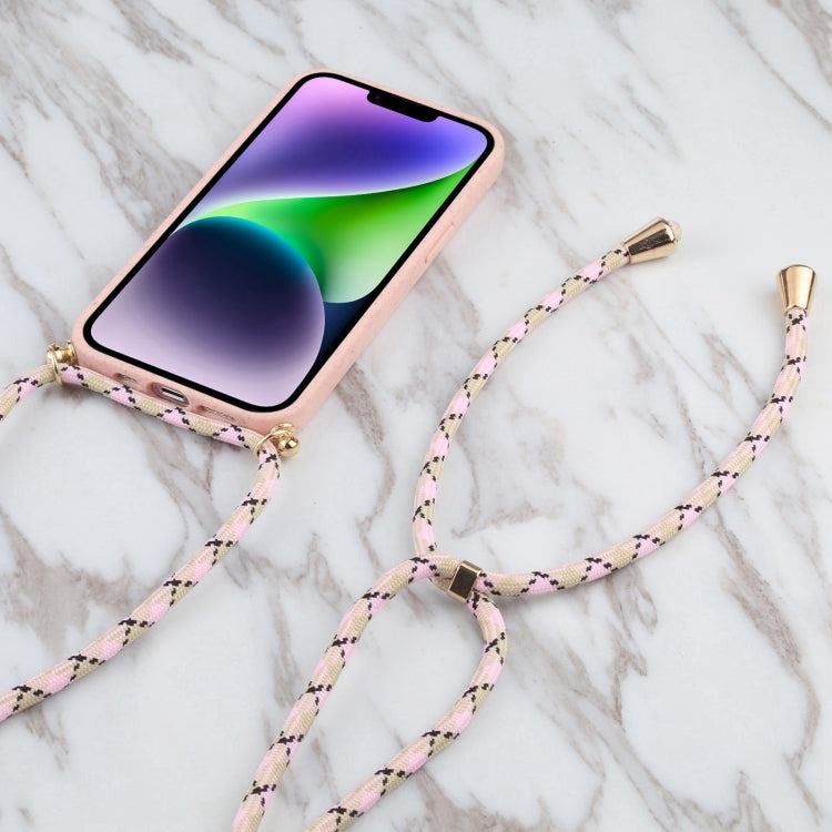 For iPhone 16 Wheat Straw TPU Shockproof Phone Case with Neck Lanyard(Pink) by buy2fix