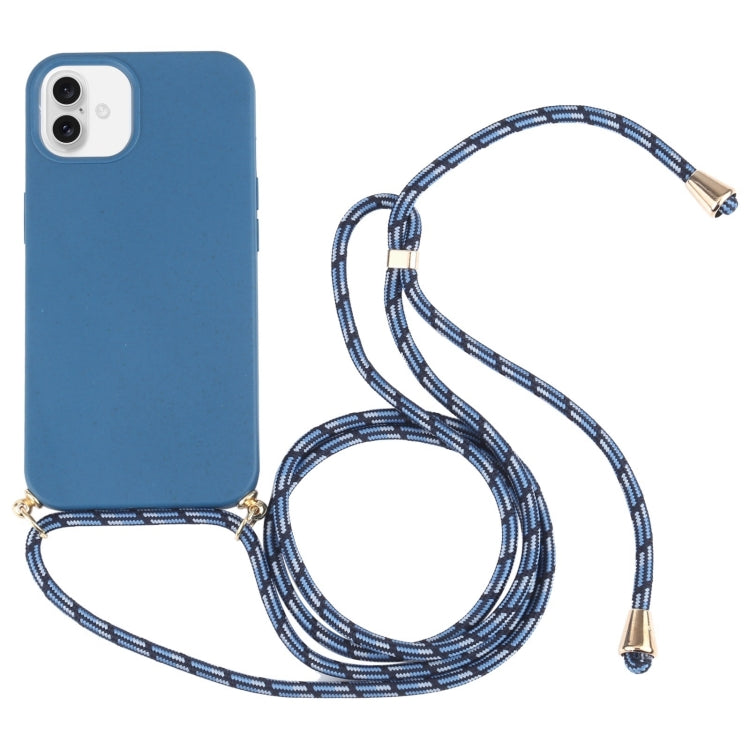 For iPhone 16 Wheat Straw TPU Shockproof Phone Case with Neck Lanyard(Blue) by buy2fix