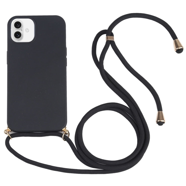 For iPhone 16 Wheat Straw TPU Shockproof Phone Case with Neck Lanyard(Black) by buy2fix