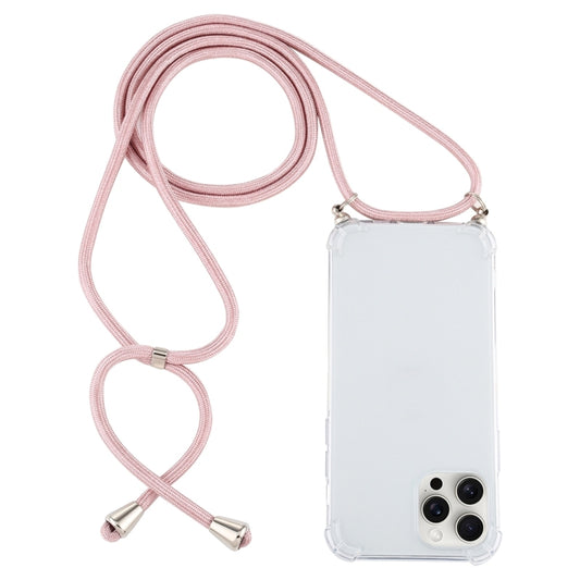 For iPhone 16 Pro Max Four-Corner Shockproof Transparent TPU Case with Lanyard(Pink) by buy2fix