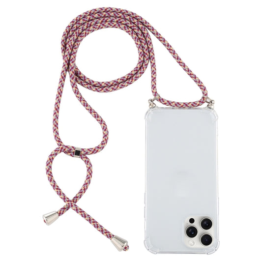 For iPhone 16 Pro Four-Corner Shockproof Transparent TPU Case with Lanyard(Purple Red) by buy2fix